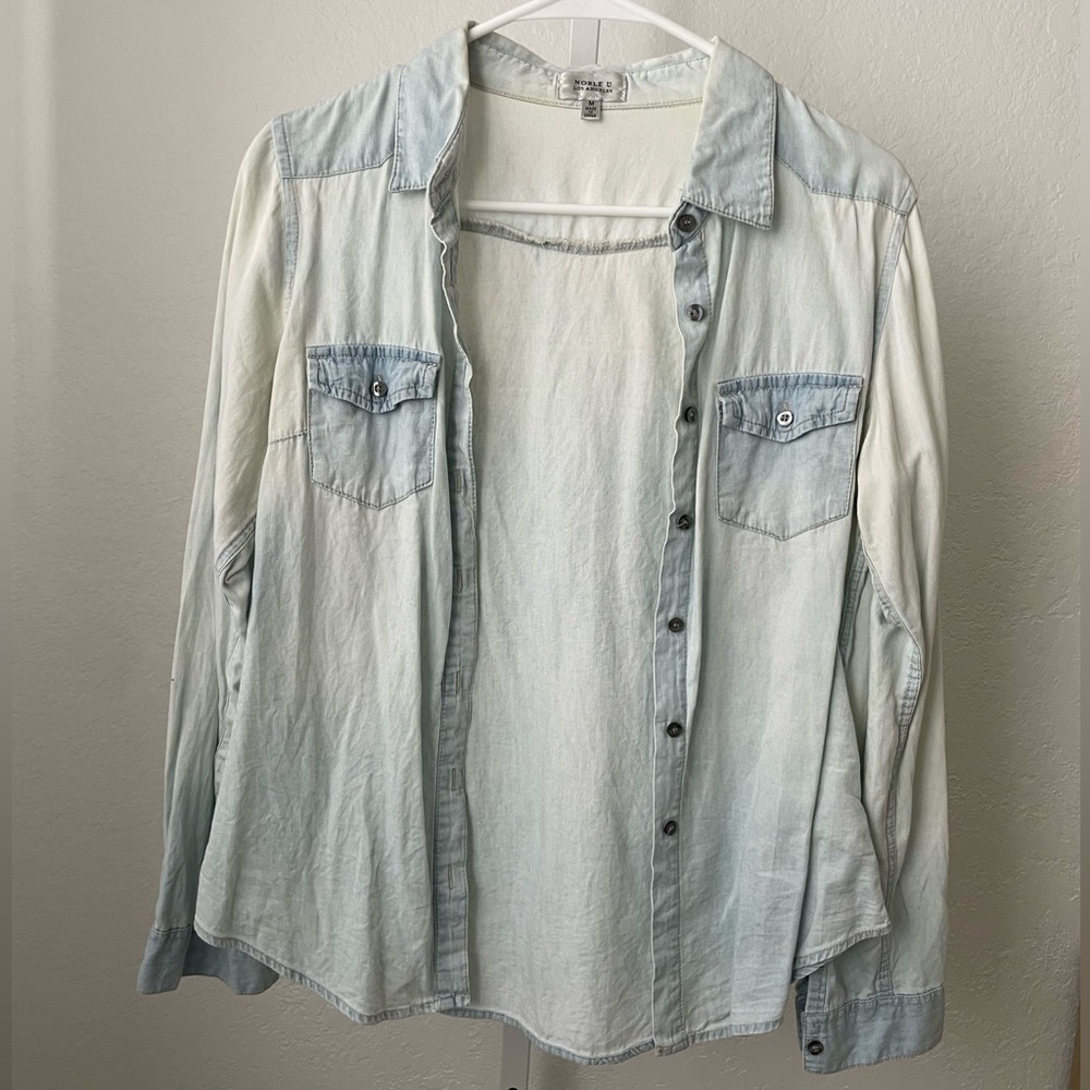 Distressed, light wash, denim button-down